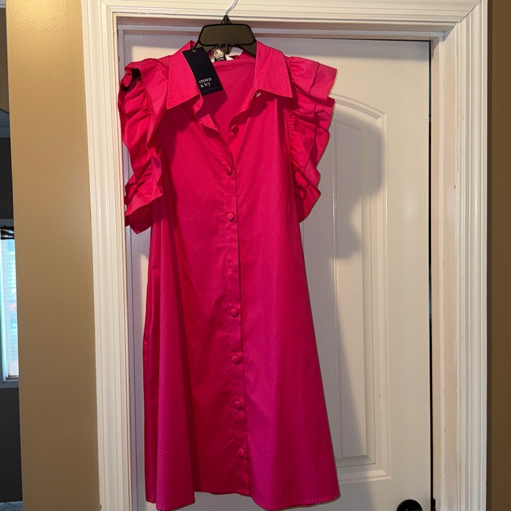 Crown & Ivy Fuchsia Ruffle Sleeve Mini Dress